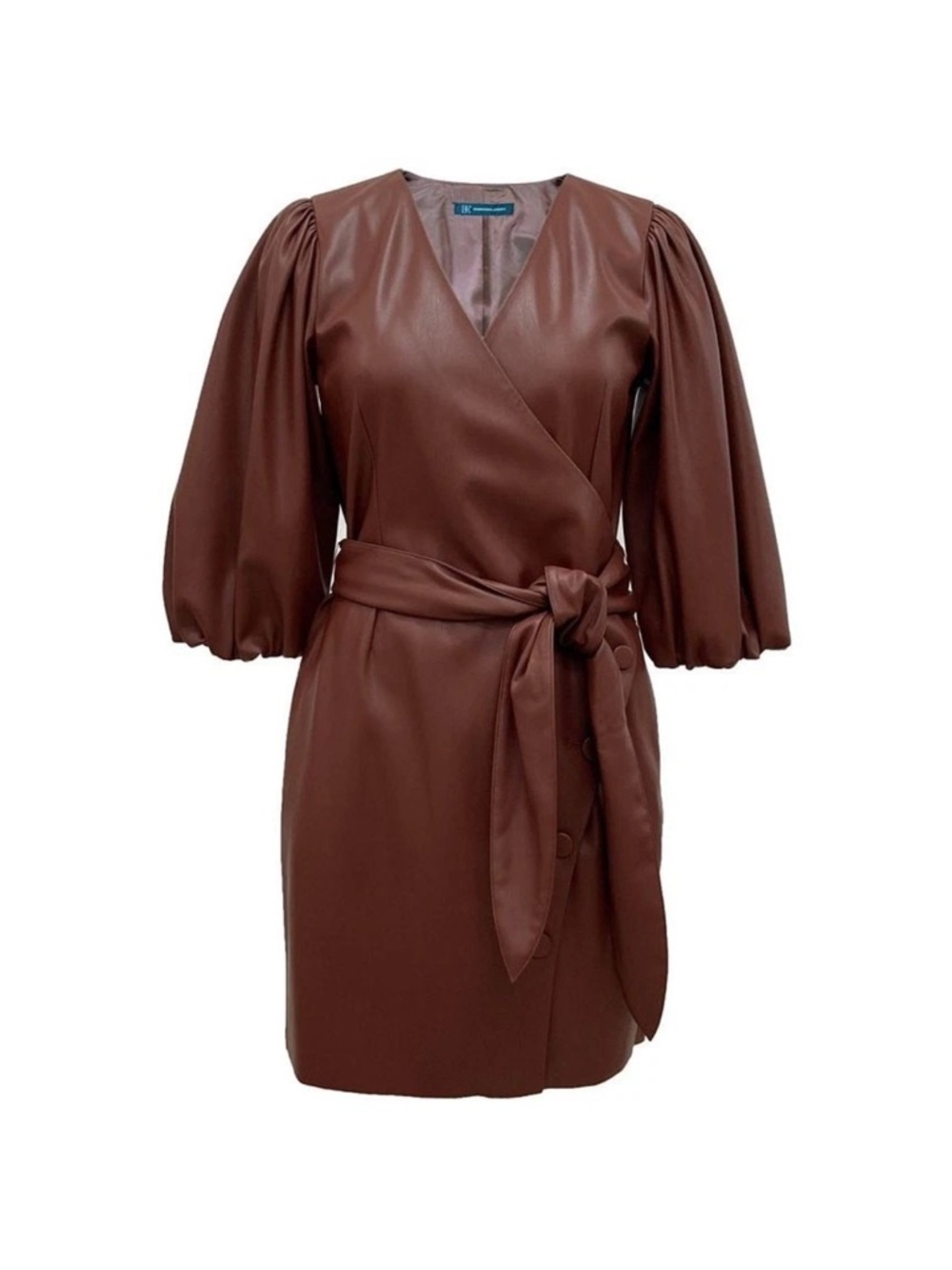 INC Faux Leather Wrap Dress Brown Belted Puff Sleeve Size 12 NWT